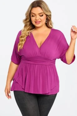 Purple Ruffle Shirring Short Sleeve V Neck Top 10 Purple Ruffle Shirring Short Sleeve V Neck Top -Luna Marina Store c top008001 3