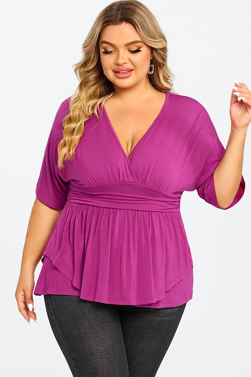 Purple Ruffle Shirring Short Sleeve V Neck Top 5 Purple Ruffle Shirring Short Sleeve V Neck Top - Image 3