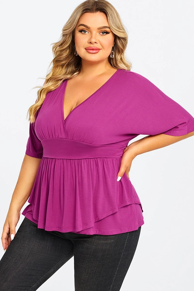 Purple Ruffle Shirring Short Sleeve V Neck Top 6 Purple Ruffle Shirring Short Sleeve V Neck Top - Image 4