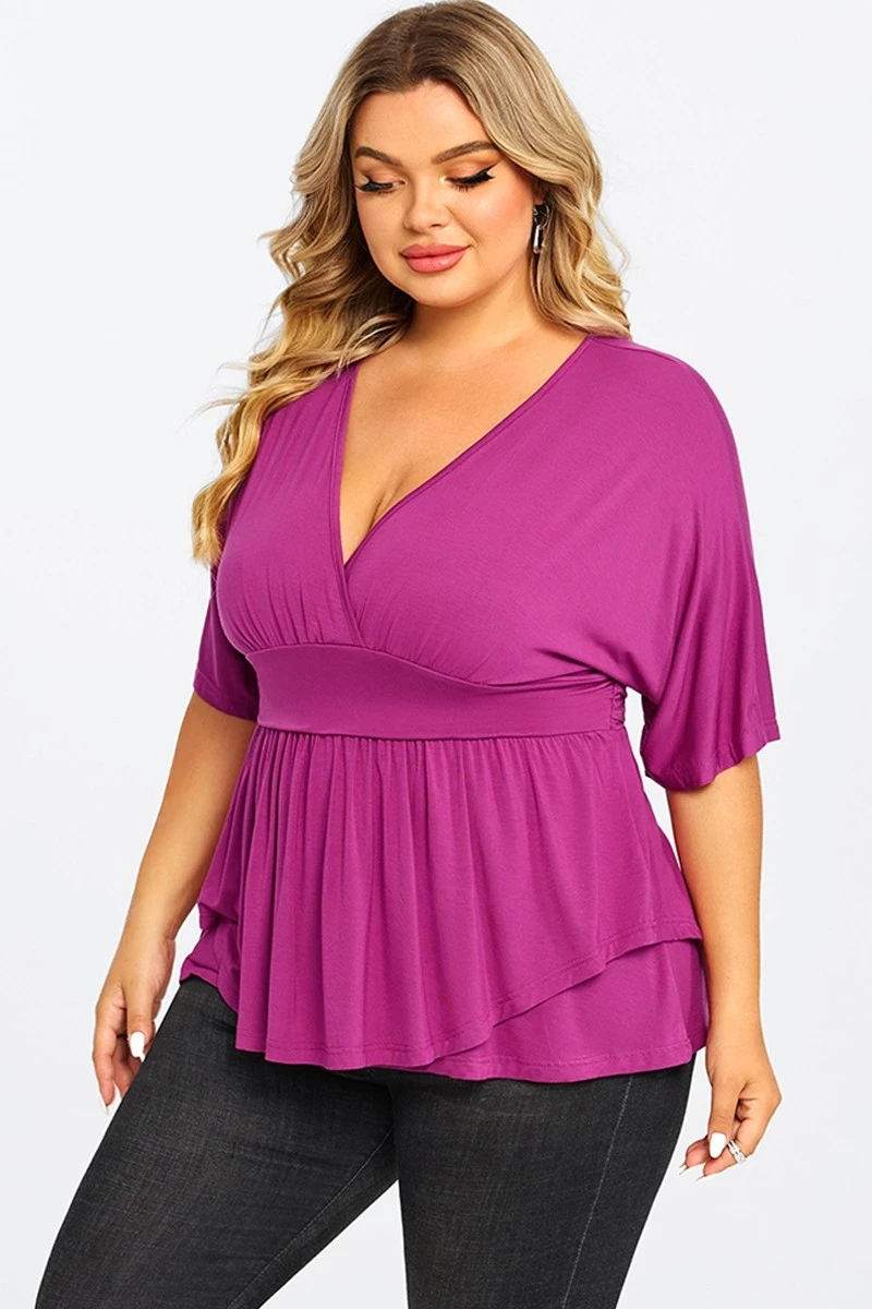 Purple Ruffle Shirring Short Sleeve V Neck Top 7 Purple Ruffle Shirring Short Sleeve V Neck Top - Image 5