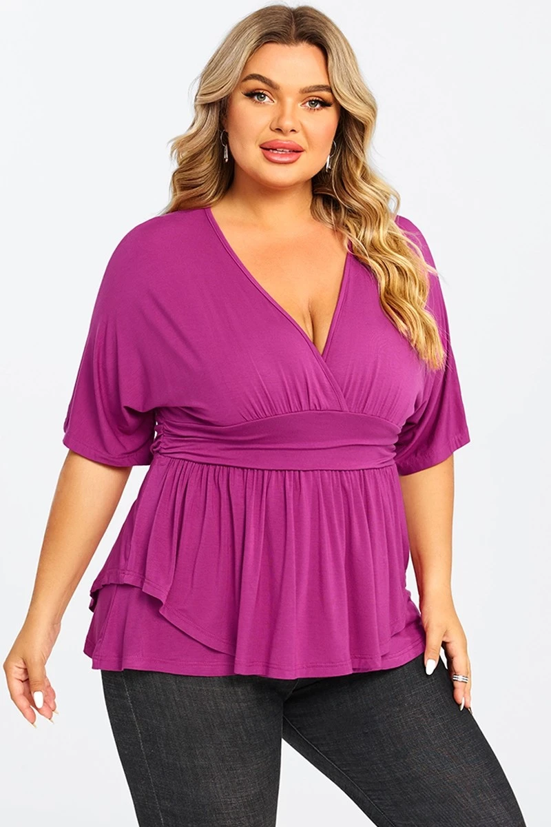 Purple Ruffle Shirring Short Sleeve V Neck Top 8 Purple Ruffle Shirring Short Sleeve V Neck Top - Image 6