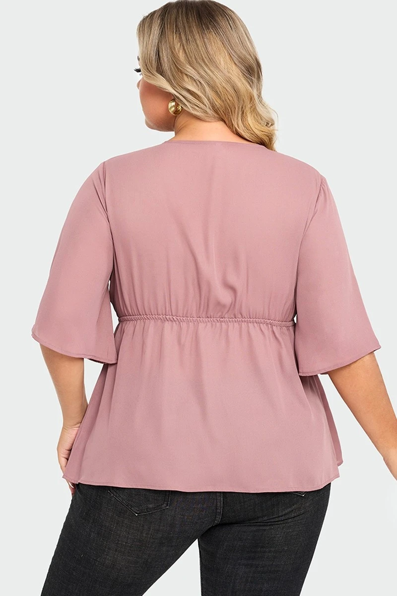 Pink Peplum V Neck Short Sleeve Blouse 4 Pink Peplum V Neck Short Sleeve Blouse - Image 2