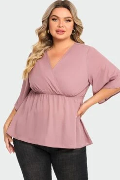 Pink Peplum V Neck Short Sleeve Blouse 10 Pink Peplum V Neck Short Sleeve Blouse -Luna Marina Store c top009001 3