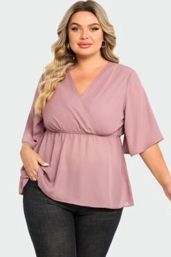 Pink Peplum V Neck Short Sleeve Blouse 11 Pink Peplum V Neck Short Sleeve Blouse -Luna Marina Store c top009001 4