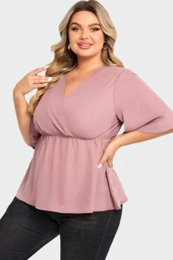 Pink Peplum V Neck Short Sleeve Blouse 12 Pink Peplum V Neck Short Sleeve Blouse -Luna Marina Store c top009001 5