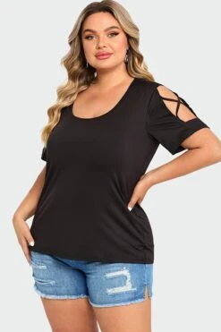 Black Square Neck Lattice Cold Shoulder Top