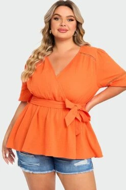 Orange V-Neck Puff Sleeves Side Tie Top -Luna Marina Store c top012001 3