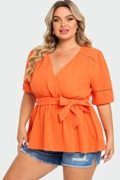 Orange V-Neck Puff Sleeves Side Tie Top -Luna Marina Store c top012001 4