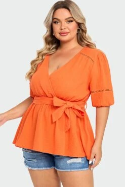 Orange V-Neck Puff Sleeves Side Tie Top -Luna Marina Store c top012001 5