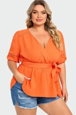 Orange V-Neck Puff Sleeves Side Tie Top -Luna Marina Store c top012001 6