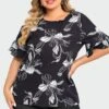 Plus Size Floral Print Round Neck Ruffle Sleeves Top 2 Plus Size Floral Print Round Neck Ruffle Sleeves Top -Luna Marina Store c top013001 1