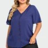 Dark Blue Solid Button V Neck Ruffles Blouse -Luna Marina Store c top014001 1