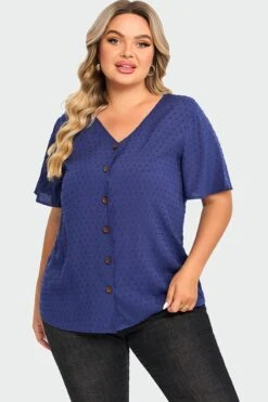 Dark Blue Solid Button V Neck Ruffles Blouse