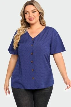 Dark Blue Solid Button V Neck Ruffles Blouse -Luna Marina Store c top014001 3