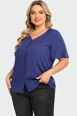 Dark Blue Solid Button V Neck Ruffles Blouse -Luna Marina Store c top014001 4