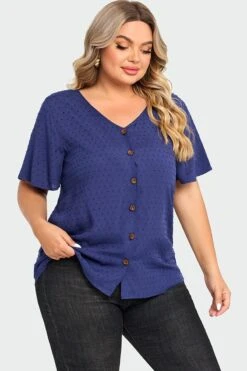 Dark Blue Solid Button V Neck Ruffles Blouse -Luna Marina Store c top014001 6