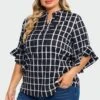 Plus Size Plaid Split V-Neck 3/4 Ruffle Sleeve Blouse -Luna Marina Store c top015001 1