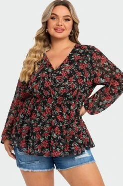 V-Neck Floral Printed Lantern Sleeve Ruffle Blouse 10 V-Neck Floral Printed Lantern Sleeve Ruffle Blouse -Luna Marina Store c topbc009002 3