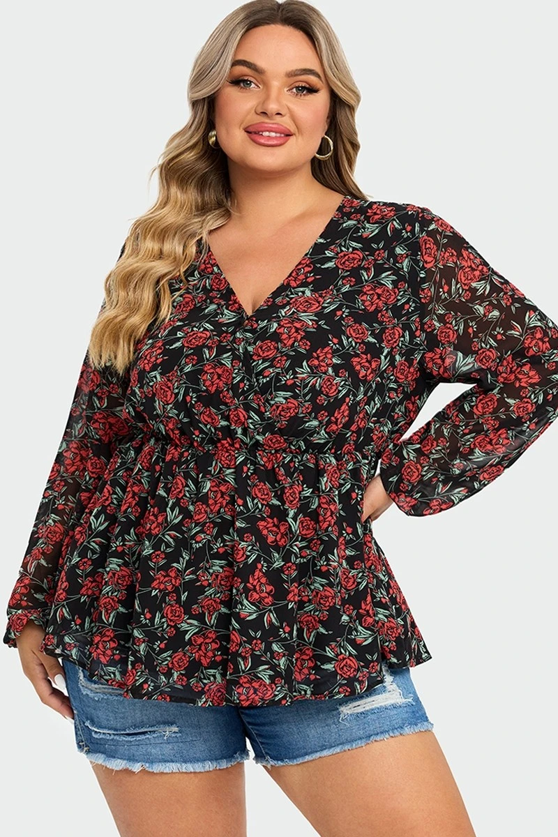 V-Neck Floral Printed Lantern Sleeve Ruffle Blouse 5 V-Neck Floral Printed Lantern Sleeve Ruffle Blouse - Image 3