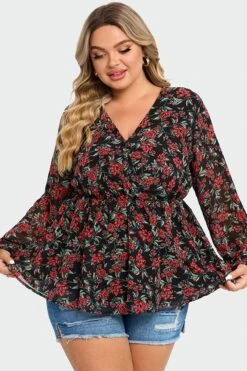 V-Neck Floral Printed Lantern Sleeve Ruffle Blouse 11 V-Neck Floral Printed Lantern Sleeve Ruffle Blouse -Luna Marina Store c topbc009002 4