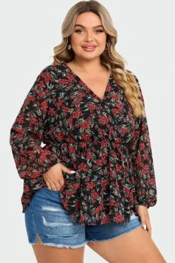 V-Neck Floral Printed Lantern Sleeve Ruffle Blouse 12 V-Neck Floral Printed Lantern Sleeve Ruffle Blouse -Luna Marina Store c topbc009002 5