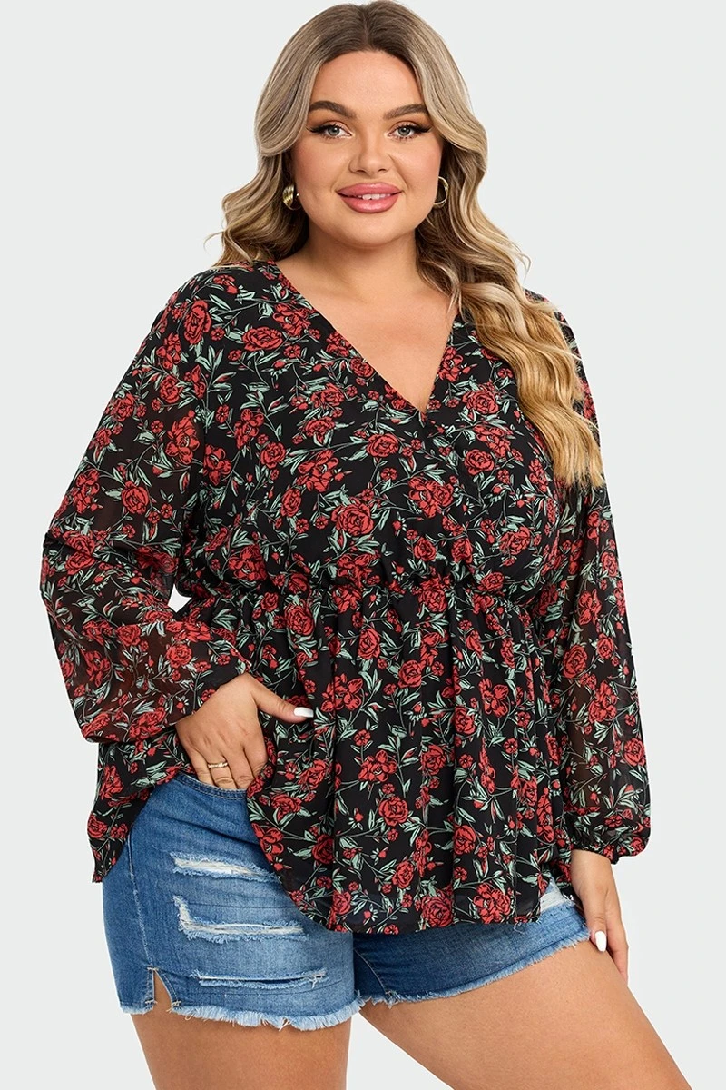V-Neck Floral Printed Lantern Sleeve Ruffle Blouse 7 V-Neck Floral Printed Lantern Sleeve Ruffle Blouse - Image 5