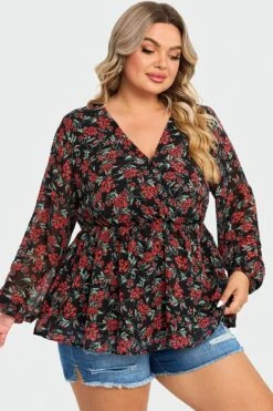 V-Neck Floral Printed Lantern Sleeve Ruffle Blouse 13 V-Neck Floral Printed Lantern Sleeve Ruffle Blouse -Luna Marina Store c topbc009002 6