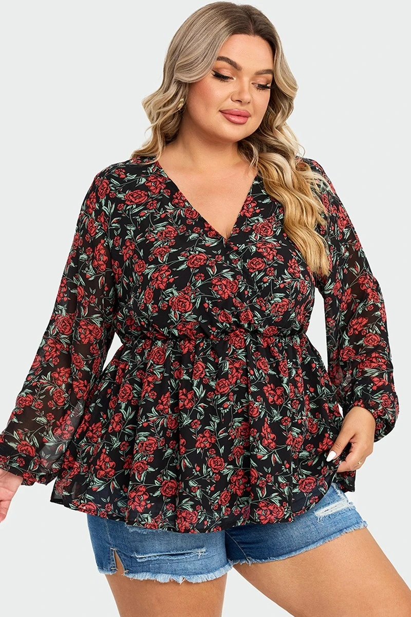 V-Neck Floral Printed Lantern Sleeve Ruffle Blouse 8 V-Neck Floral Printed Lantern Sleeve Ruffle Blouse - Image 6