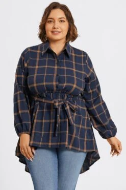 Plaid Long Sleeve High Low Hem Belted Blouse -Luna Marina Store c topbc017001 3