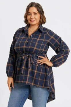 Plaid Long Sleeve High Low Hem Belted Blouse -Luna Marina Store c topbc017001 4