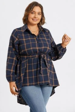 Plaid Long Sleeve High Low Hem Belted Blouse -Luna Marina Store c topbc017001 6