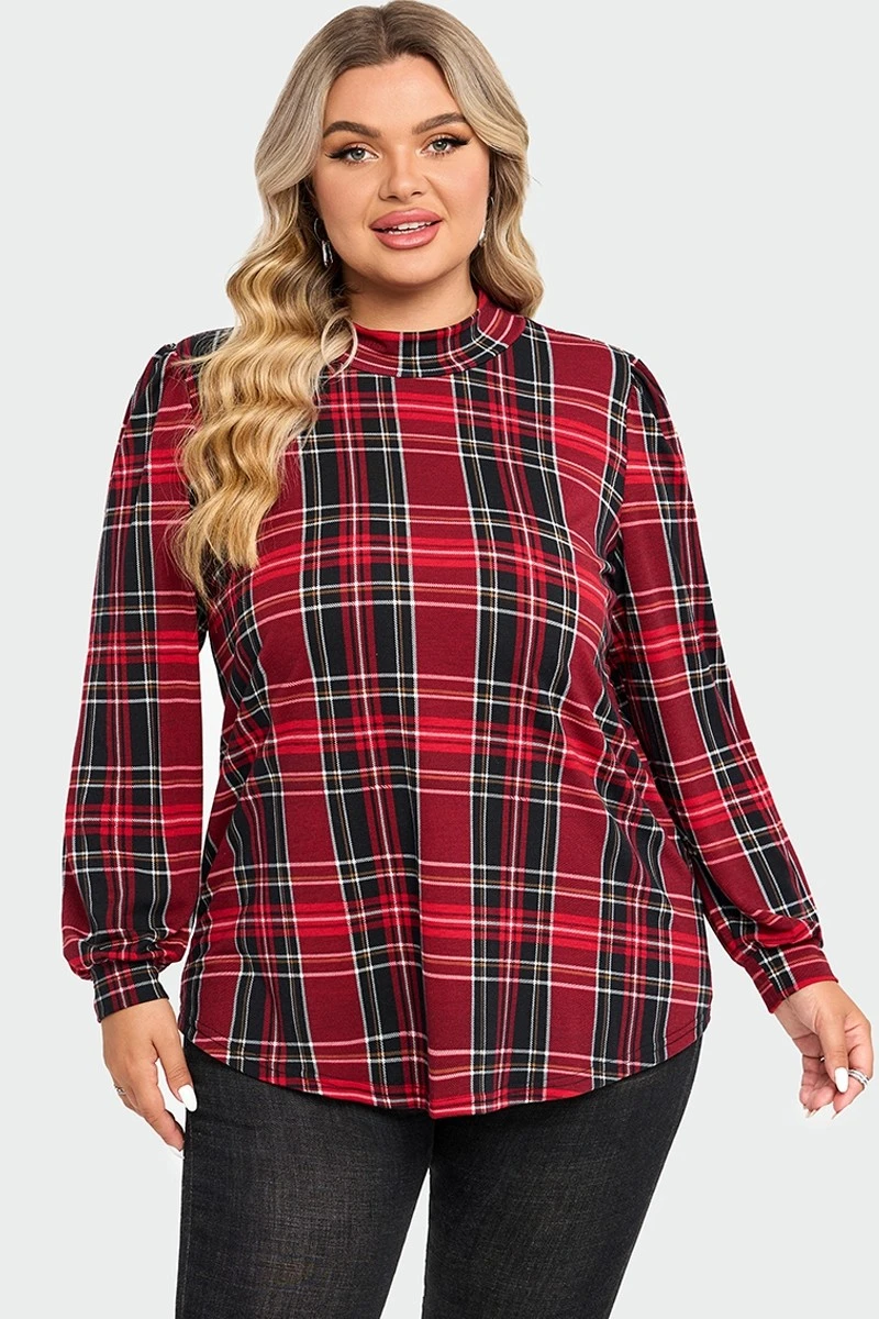 Plaid Long Sleeve Round Neck Long Blouse 4 Plaid Long Sleeve Round Neck Long Blouse - Image 3