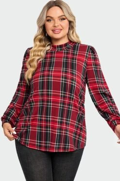 Plaid Long Sleeve Round Neck Long Blouse
