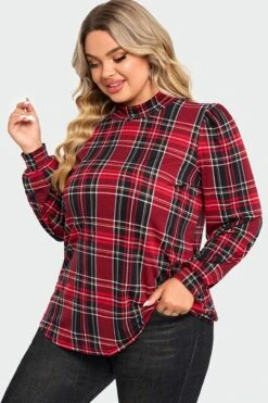 Plaid Long Sleeve Round Neck Long Blouse 11 Plaid Long Sleeve Round Neck Long Blouse -Luna Marina Store c topbc018001 5