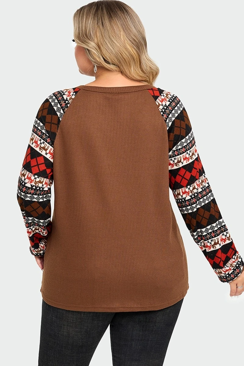 V-Neck Geometric Patchwork Knit Long Sleeve Blouse 4 V-Neck Geometric Patchwork Knit Long Sleeve Blouse - Image 2