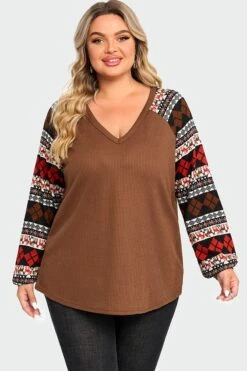 V-Neck Geometric Patchwork Knit Long Sleeve Blouse 10 V-Neck Geometric Patchwork Knit Long Sleeve Blouse -Luna Marina Store c topbc020001 3