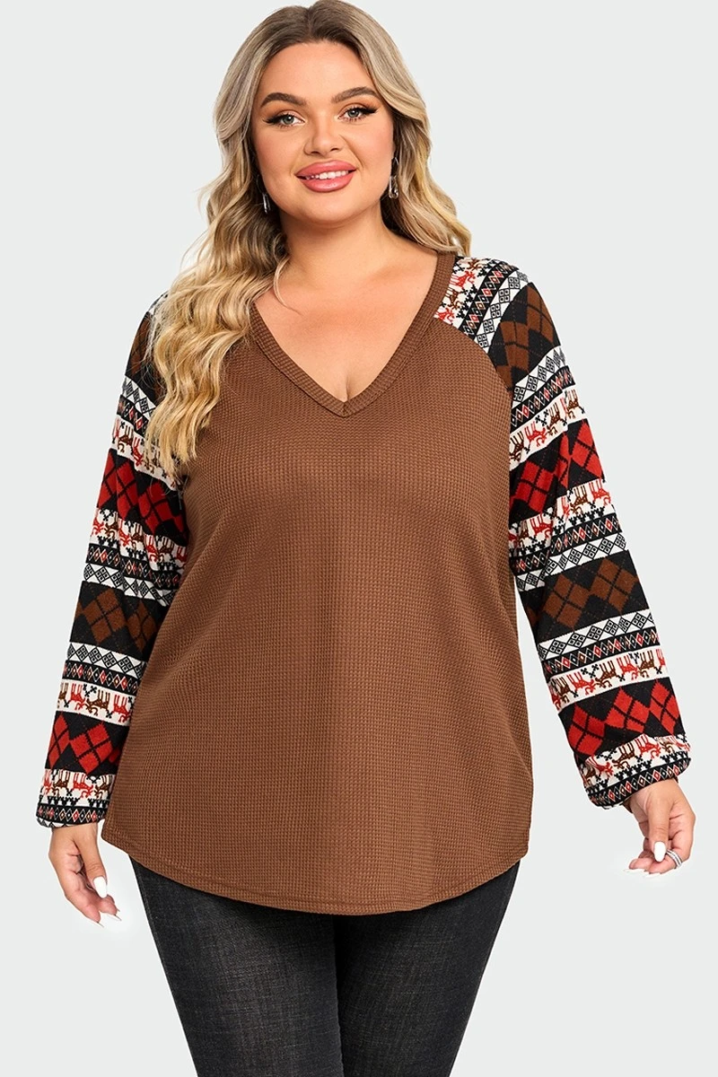 V-Neck Geometric Patchwork Knit Long Sleeve Blouse 5 V-Neck Geometric Patchwork Knit Long Sleeve Blouse - Image 3