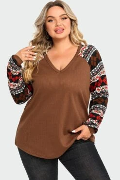 V-Neck Geometric Patchwork Knit Long Sleeve Blouse 12 V-Neck Geometric Patchwork Knit Long Sleeve Blouse -Luna Marina Store c topbc020001 4