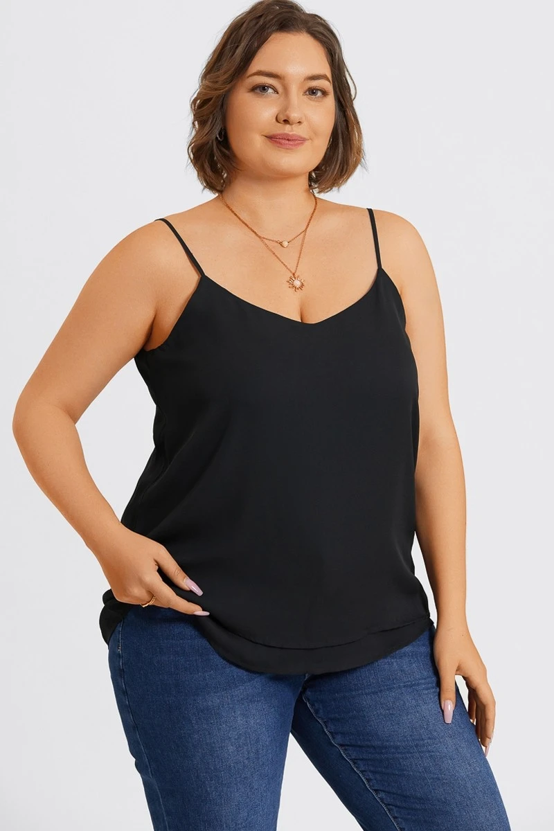 Plus Size V-Neck Black Chiffon Swing Cami Top 3 Plus Size V-Neck Black Chiffon Swing Cami Top