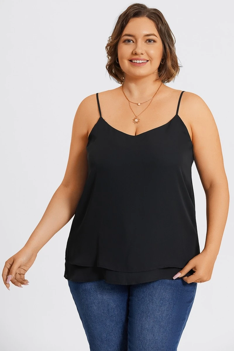 Plus Size V-Neck Black Chiffon Swing Cami Top 5 Plus Size V-Neck Black Chiffon Swing Cami Top - Image 3