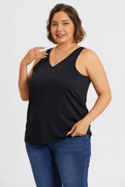 Plus Size Black V-Neck Stitch Detail Tank -Luna Marina Store c topbc023001 3