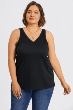 Plus Size Black V-Neck Stitch Detail Tank -Luna Marina Store c topbc023001 6