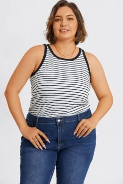 Plus Size High Neck Stripe Sports Back Tank Top