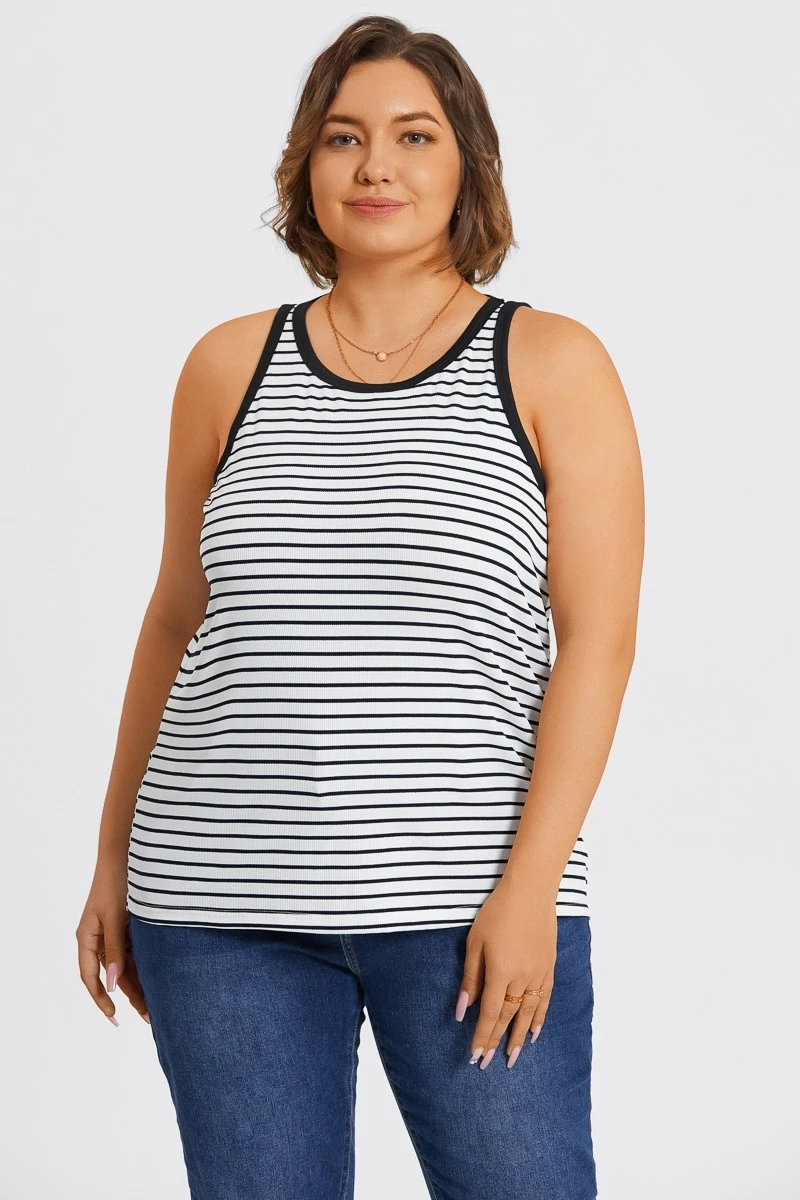 Plus Size High Neck Stripe Sports Back Tank Top 6 Plus Size High Neck Stripe Sports Back Tank Top - Image 4
