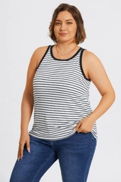 Plus Size High Neck Stripe Sports Back Tank Top 12 Plus Size High Neck Stripe Sports Back Tank Top -Luna Marina Store c topbc024001 5