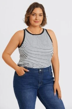 Plus Size High Neck Stripe Sports Back Tank Top 13 Plus Size High Neck Stripe Sports Back Tank Top -Luna Marina Store c topbc024001 6