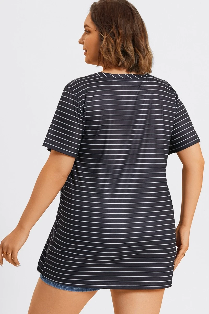 V-Neck Stripe Short Sleeve Pocket Front Top 4 V-Neck Stripe Short Sleeve Pocket Front Top - Image 2