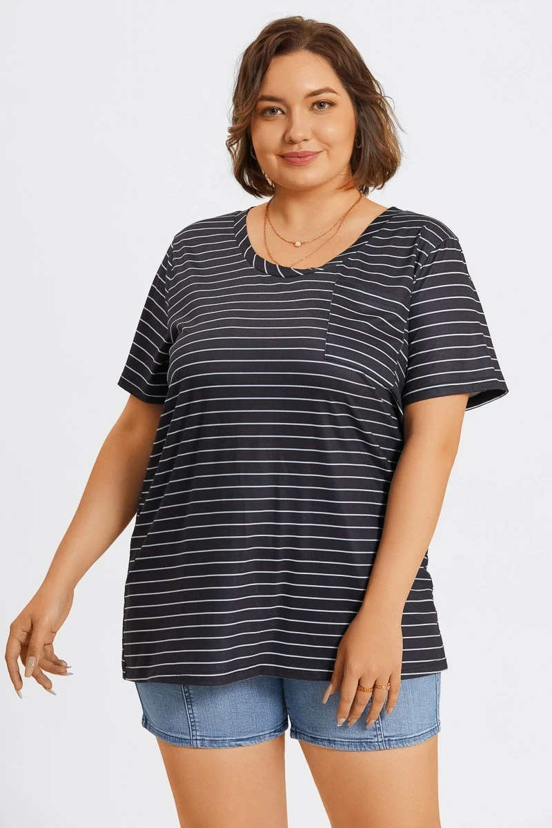 V-Neck Stripe Short Sleeve Pocket Front Top 7 V-Neck Stripe Short Sleeve Pocket Front Top - Image 5