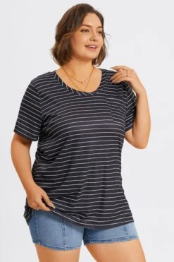 V-Neck Stripe Short Sleeve Pocket Front Top 13 V-Neck Stripe Short Sleeve Pocket Front Top -Luna Marina Store c topbc025001 6