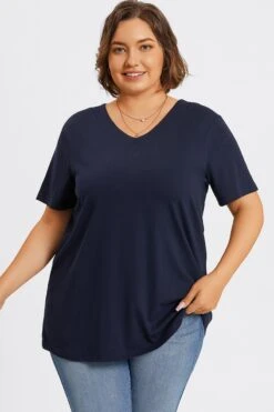 Plus Size Navy Blue V-Neck Loose Fit Basic Top 10 Plus Size Navy Blue V-Neck Loose Fit Basic Top -Luna Marina Store c topbc025002 1